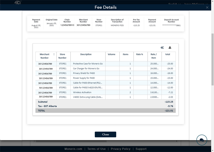 The Fee Details screen displays details about the fees incurred while conducting business. 